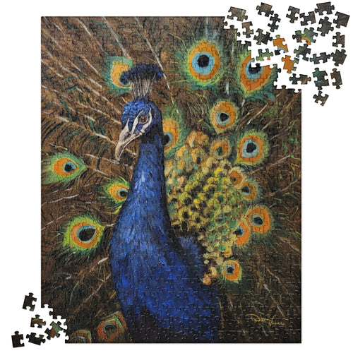 Image of a Peacock on a puzzle. Debra Vance's Peacock Painting made into a puzzle