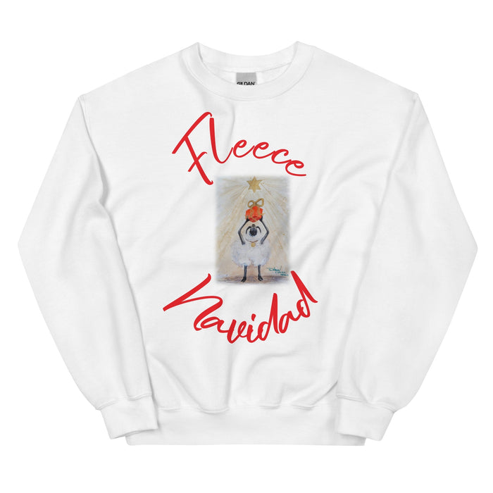 White sweatshirt with Debra Vance's painting of a sheep holding a red Christmas package up. Gesture of handing the package to the Star of David - our Messiah