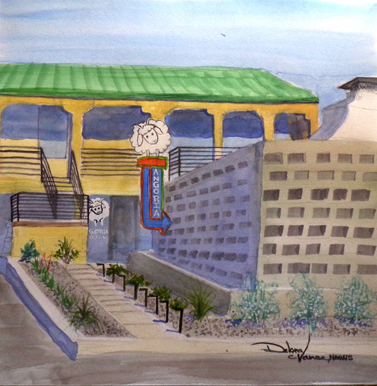 Watercolor painting of the Angoria Hotel. White Sheep logo on Blue and orange sign.  Front entrance.