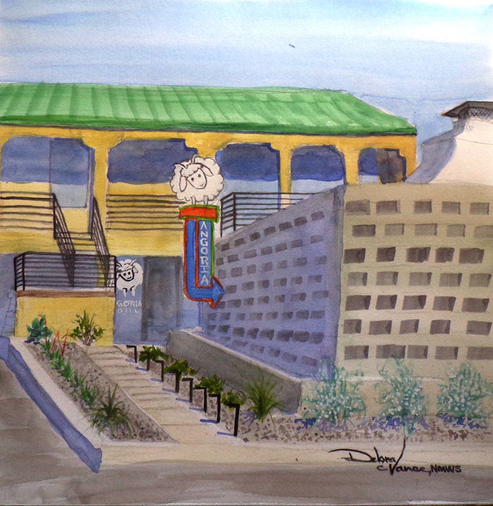 Watercolor painting of the Angoria Hotel. White Sheep logo on Blue and orange sign.  Front entrance.