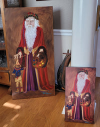 This image shows the large original painting and the smaller print. It is demonstrating color match of the print, which is a very good match. 