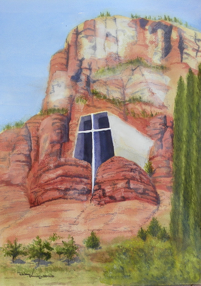 Watercolor painting of the Church of the Red Rock Sedona AZ. Cross  on front of building protruding from rock