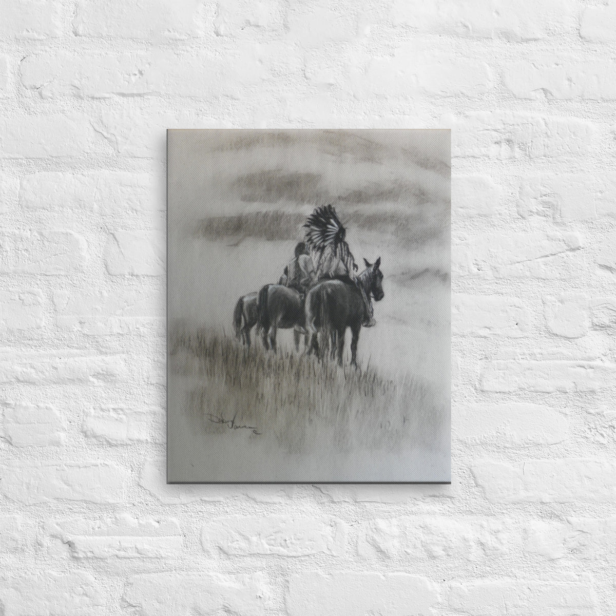 Charcoal drawing by Debra Vance. Recreated as a canvas print. 3 horses standing on a hillside. Riders are wearing American Plains Indian attire.  vertical charcoal strokes for the grass. The sky is created from smudged charcoal. 