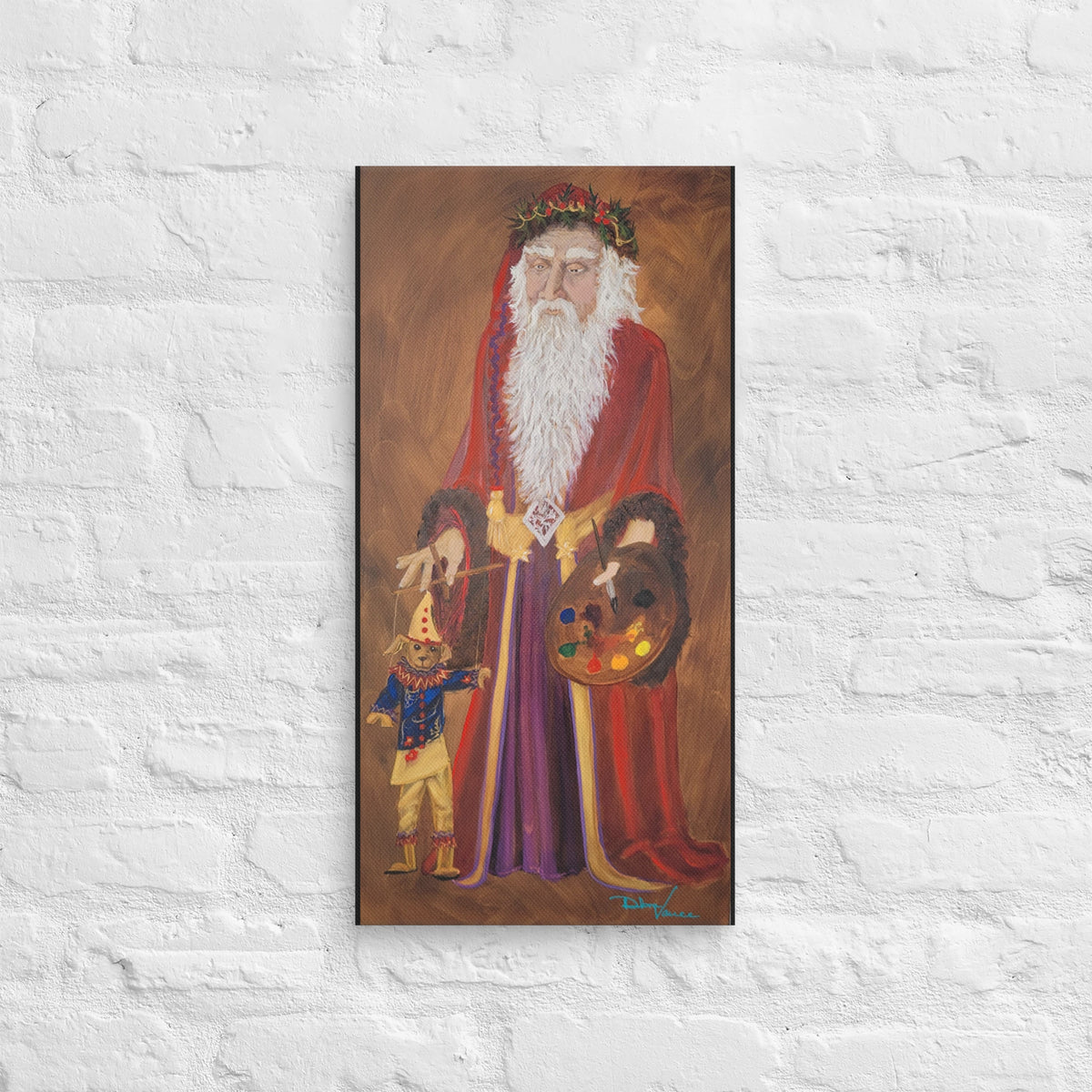 Old world tall thin Santa with puppet and art palette.  Red robe with a gold sash - over purple clothes. Puppet or Marionette is a bear dressed in blue top with gold fabric pants. 