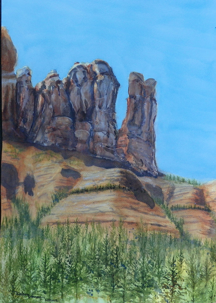 Red rock formations in Sedona AZ. Watercolor painting. Sandstone, red, yellow ocher, green pine trees