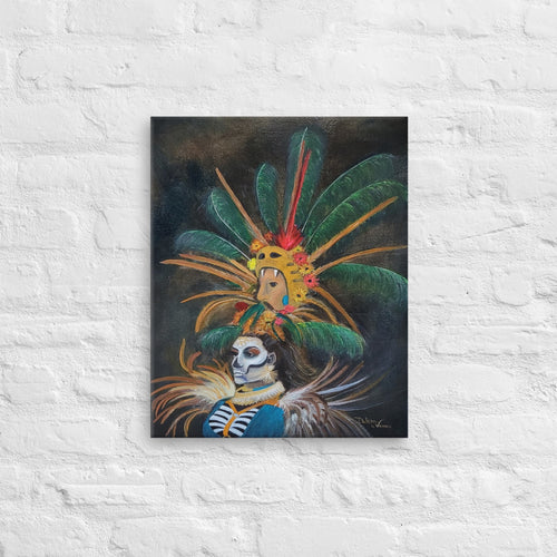 Portrait of an elaborate costume from Dia de los Muertos. Feathers on headdress from peacock and pheasant. Bright flowers marigolds in yellow, orange and pink. Man's face pears out of a lions head in the headdress. She has a shirt with the ribcage depicted on it