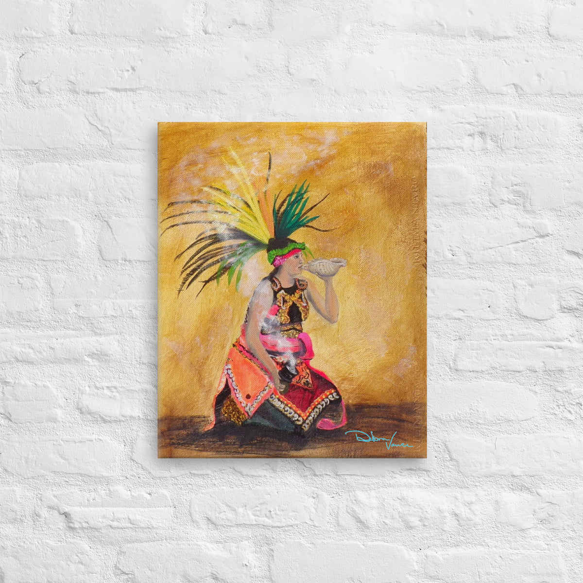 Dia de los Muertos theme painting. Women kneeling, wearing brightly colored outfit. She has a large feathered headress on. She is blowing into a conch shell and is holding an incense burner. 