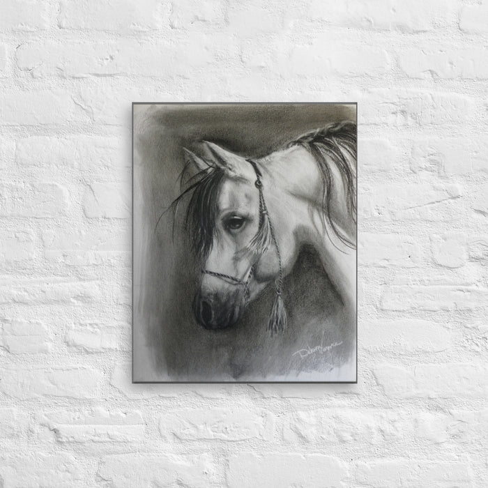 The Arabian Horse was drawn with the elaborate, tasseled halter in charcoal. Shades of charcoal create all the features against a dark charcoal background. 