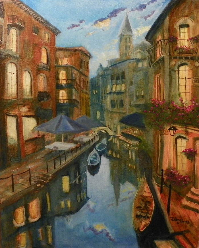 Reflection of buildings and sky in Venice canals, boats, cafe with umbrellas, flower boxes. Oil painting, with warm brown tones, glowing light from the windows. The pale blue sky is reflected in the water. 