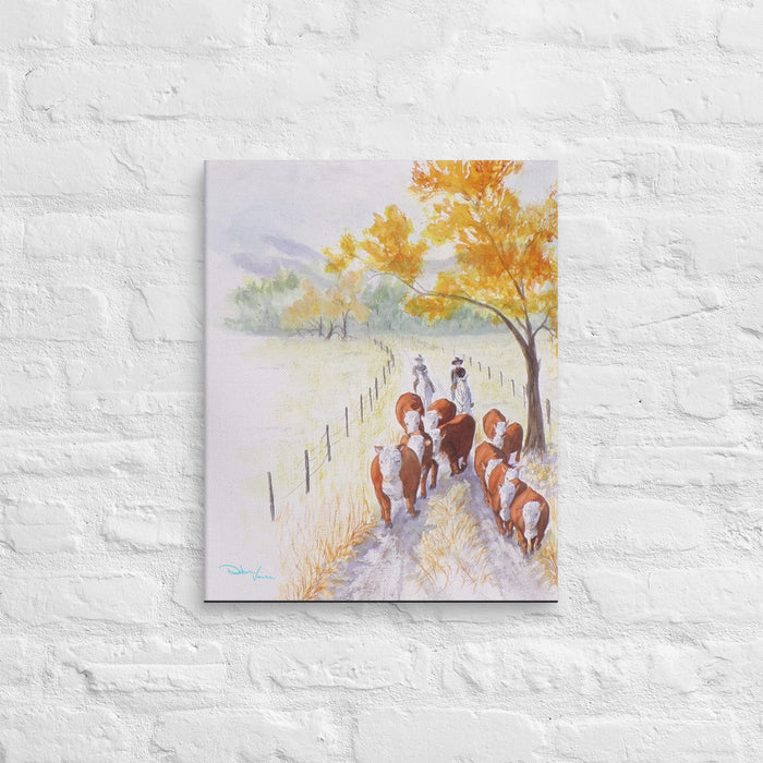 Western Artwork depicting a cattle drive. People on horseback and Hereford cattle being moved to another pasture for winter. 
