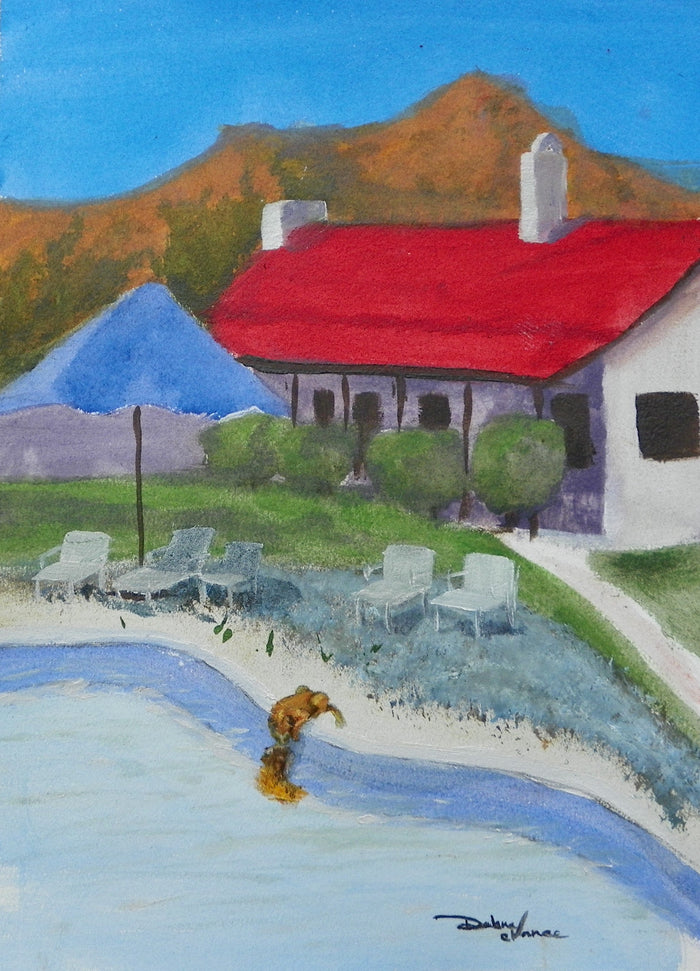 Cat looking at his reflection in pool. White building with red roof. Lawn furniture with blue umbrella.  Mountain in background. Plein Air Oil painting