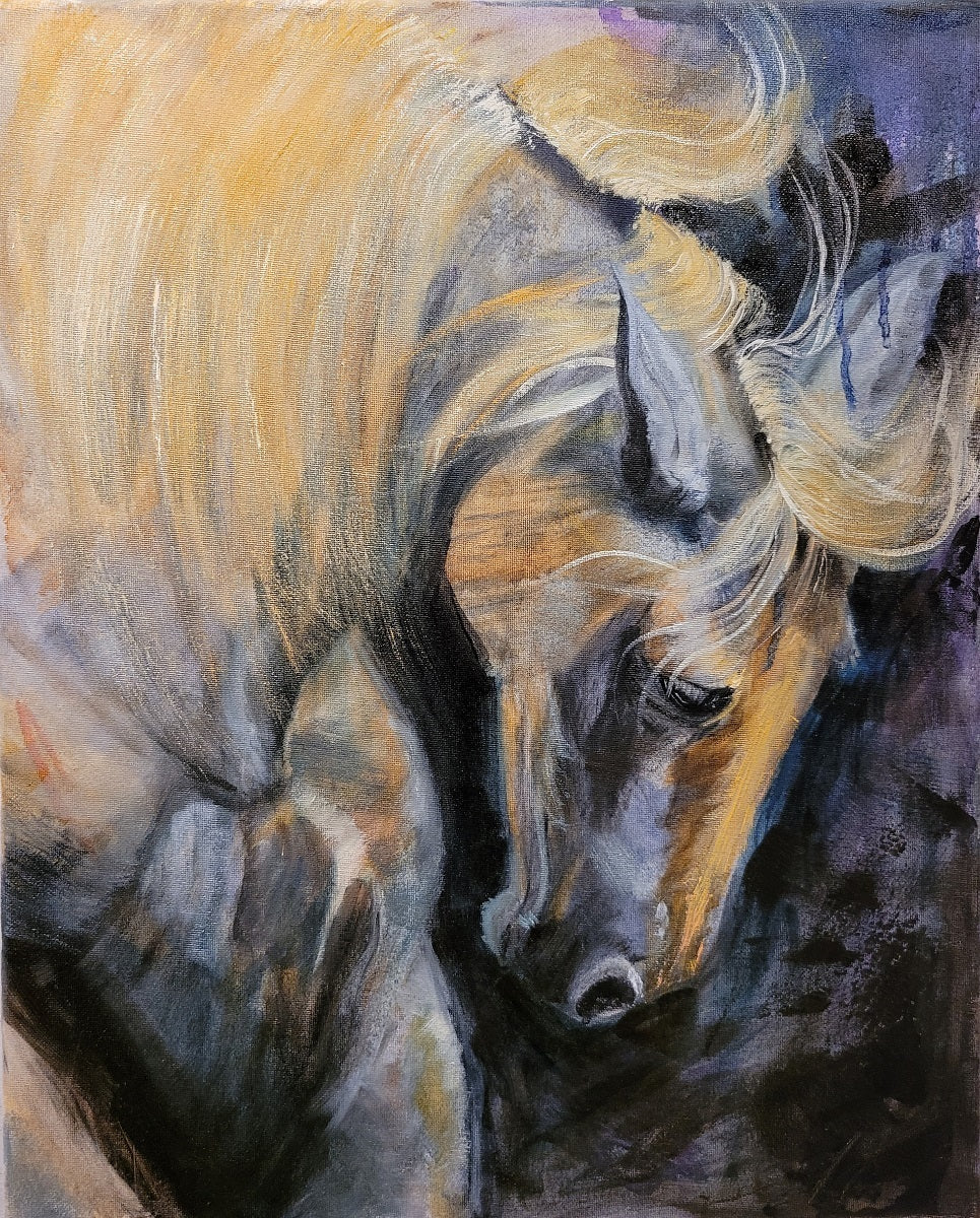 Oil painting of arched neck and head of the muscular horse. Yellow ocher, light blue/ gray and cream colors.