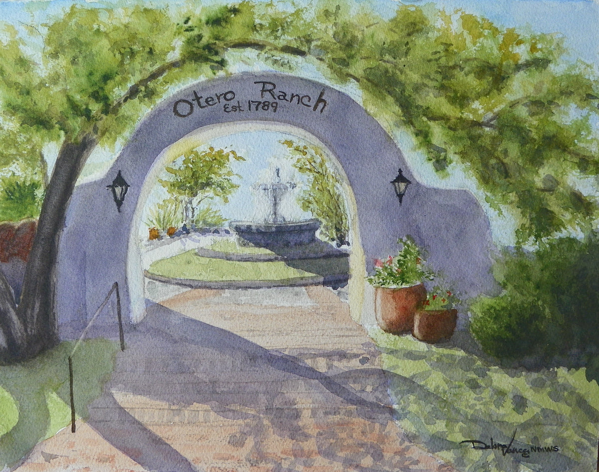 Otero Ranch, Tubac Golf and Spa Resort. Plein Air Watercolor painting. White arch with fountain in back. landscape