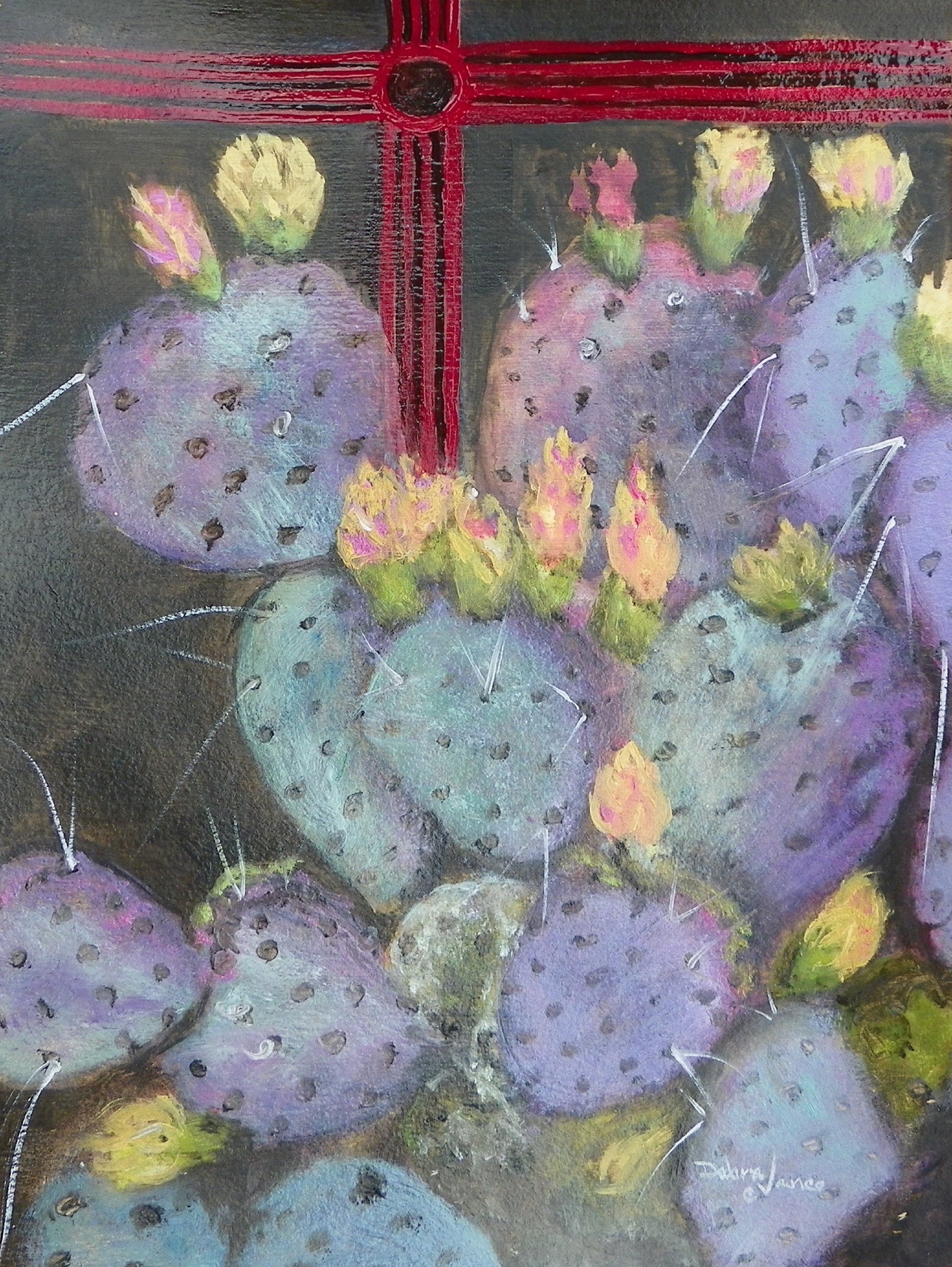 purple and blue cactus with pink and yellow blooms. prickly pear. NM zia in background. Oil Painting