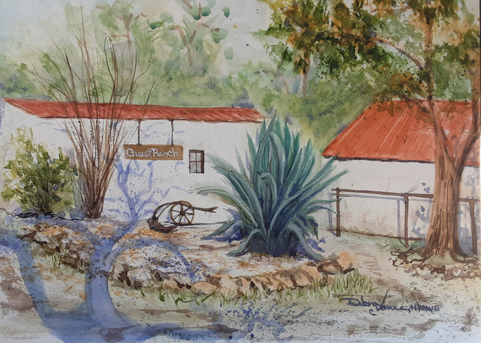 Rancho Santa Cruz Guest Ranch, Watercolor Plein Air painting, desert plants, agave. white buildings with red roofs