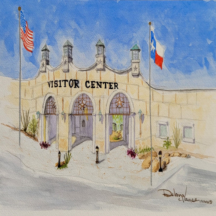 Watercolor painting of front of visitor center building. Two flags, US and TX. Limestone building. 