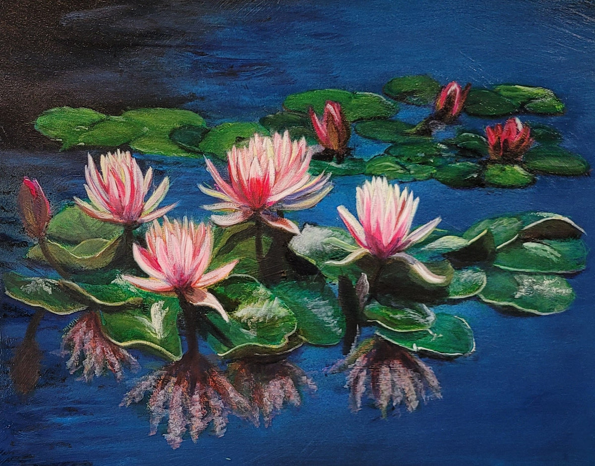 Pink blooms and green lily pads against blue sky all reflected in the water. San Angelo Waterlily oil painting