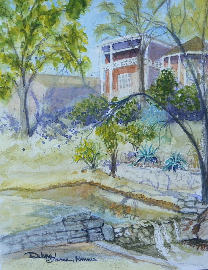 Estate home reflected in creek. Santa Rita, San Angelo, TX Watercolor painting, plein air. 