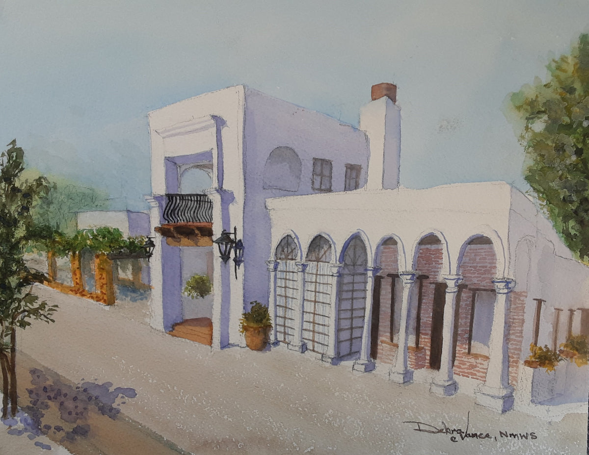 White Mediterranean architecture, desert landscaping. Tubac Spa Watercolor, Plein Air painting 