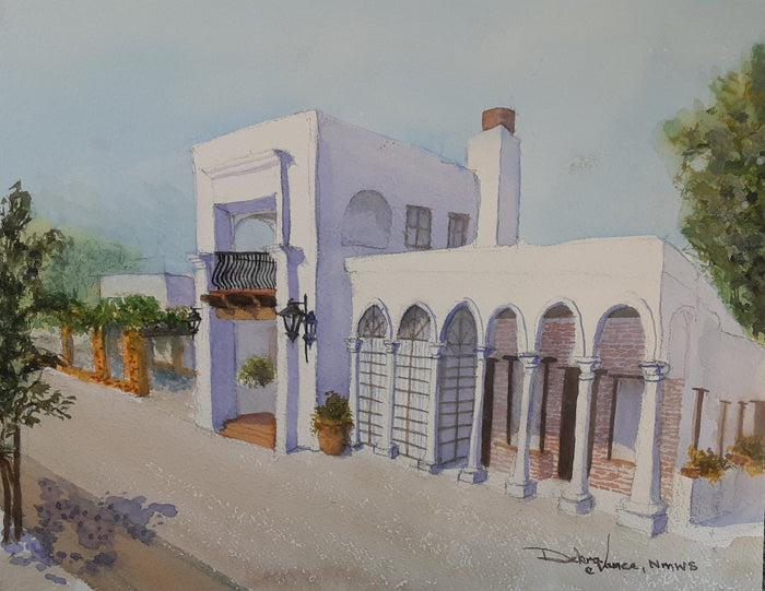 White Mediterranean architecture, desert landscaping. Tubac Spa Watercolor, Plein Air painting 