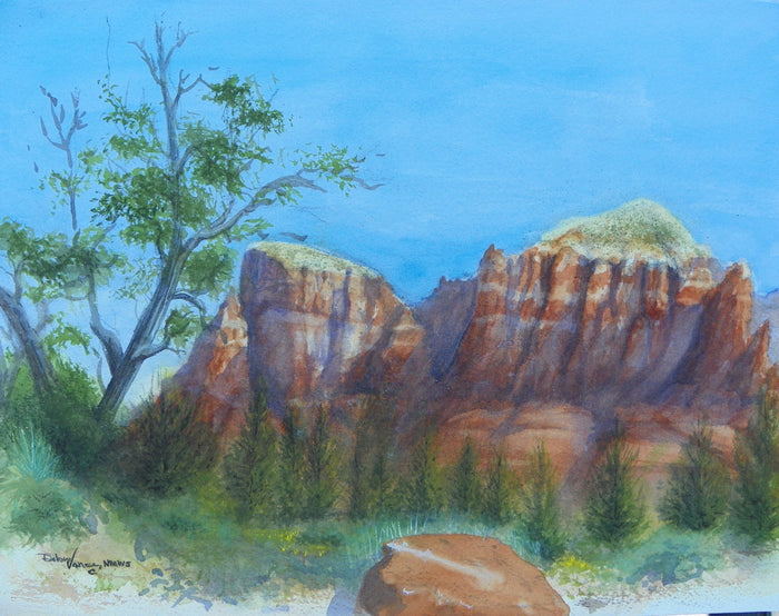 Watercolor Painting of Sedona's red rock formations, centered view, size is 11 h x 14 w. 