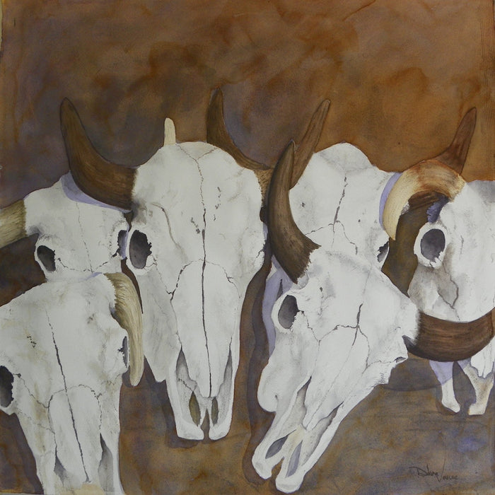 Six bison skulls depicted on suede looking background. Centered view, painting only