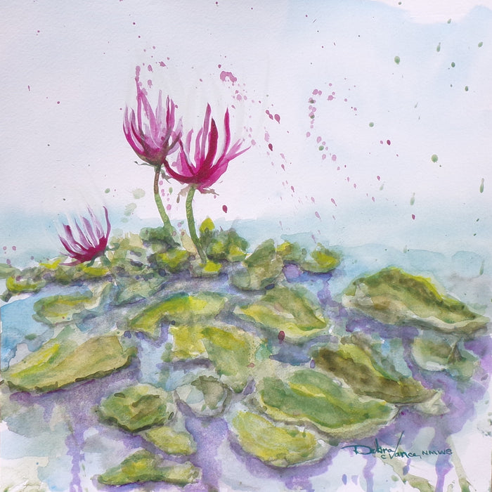 Magenta Pink Watercolor Painting. San Angelo International Waterlily painting. Splashes of paint. Water reflections.