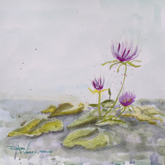 San Angelo waterlily garden. Purple, violet waterlily bloom. Watercolor painting with splashes of paint. Reflections.