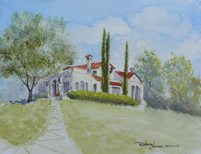 Watercolor painting of Santa Rita Estate home. White Mediterranean house with red tile roof. San Angelo, TX