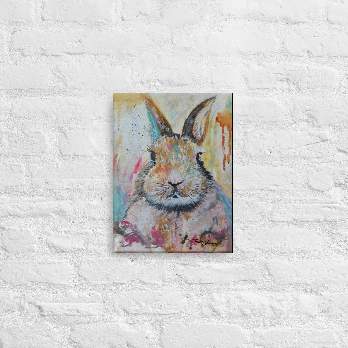 This Original Rabbit Painting is SOLD. The mixed media painting of a Rabbit  is brightly colored and a blend of abstract and realism. The animal is correctly drawn and shaped. The background and colors used are playful and bright. 