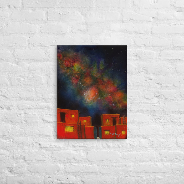 This is mixed media painting of the milky way galaxy above adobe pueblo buildings. The night sky is ablaze with color. The galaxy stretches out across the sky, there is a cluster of stars that gives the impression of a bald eagle and the galaxy it's wings. This is where the title came from. The little pueblo adobes have yellow windows to depict light from within. 