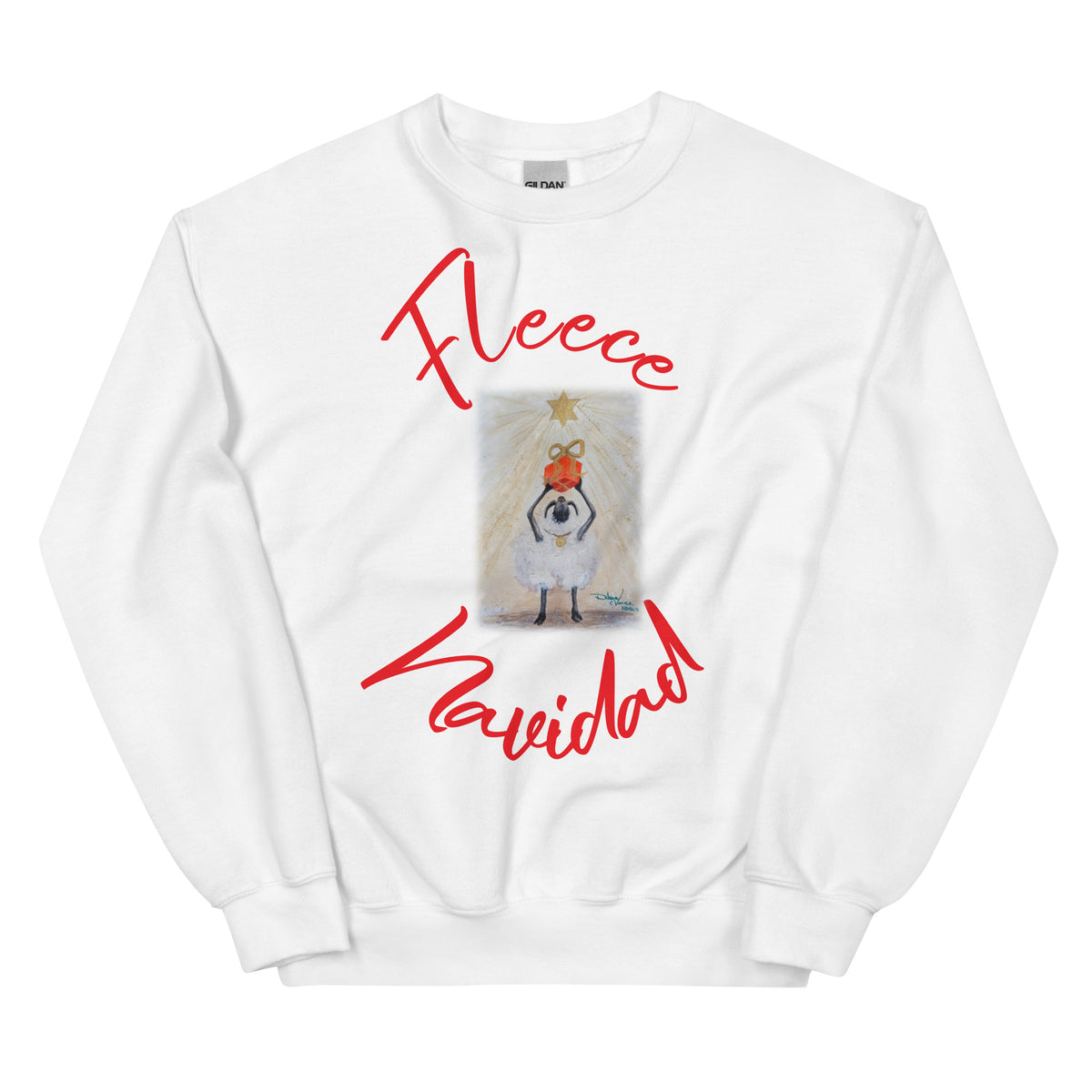 White sweatshirt with red lettering and image of a sheep holding up a red Christmas gift with a gold bow. The words "Fleece" Navidad are in a circle around the image.