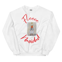 White sweatshirt with red lettering and image of a sheep holding up a red Christmas gift with a gold bow. The words "Fleece" Navidad are in a circle around the image.